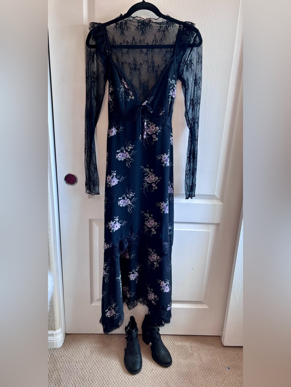 Whimsygoth Dark Floral Lace Trim Midi Dress 90s Grunge Asymmetrical Hem Size L - Picture 5 of 11